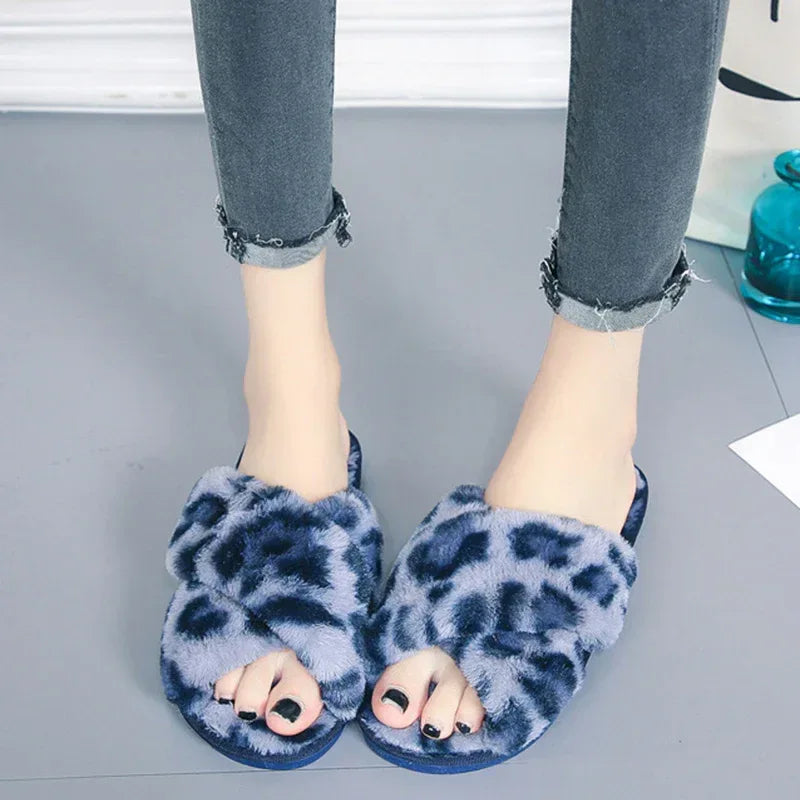 Cross-strap Fuzzy Slippers Leopard Plush House Shoes Flat Bedroom Slippers Slippers For Women - DanaFashionstore