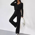 Solid Color Knitted Two-piece Women's V-neck Short Knitted Cardigan Bootcut Trousers Versatile Casual Women's Clothing