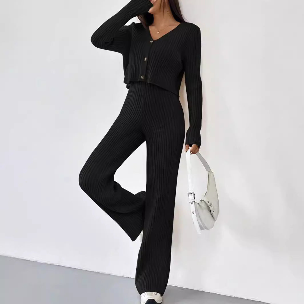 Solid Color Knitted Two-piece Women's V-neck Short Knitted Cardigan Bootcut Trousers Versatile Casual Women's Clothing
