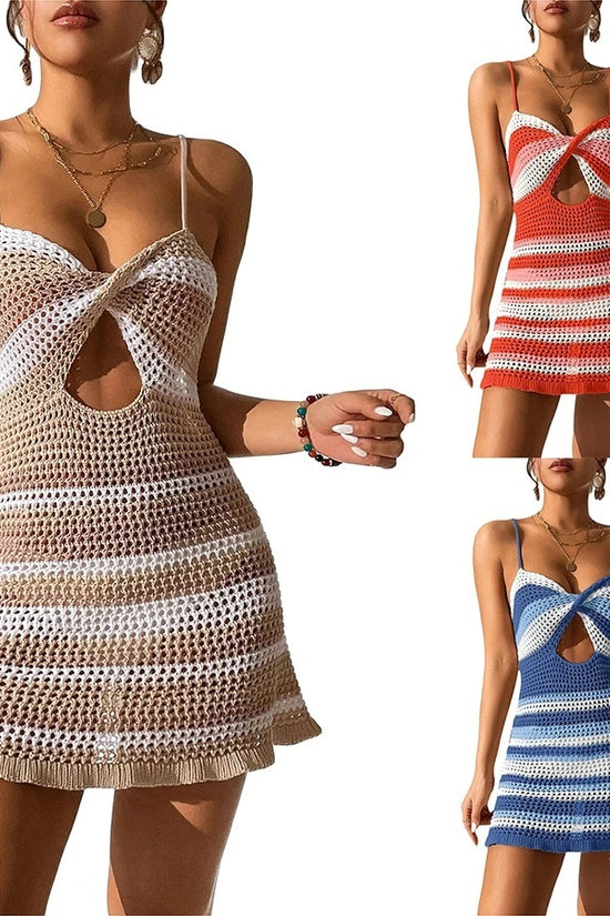 Women Knitted Spaghetti Strap Dress Summer Stripes Twisted Crochet Cutout Party Mini Dress For Beach Cocktail Nightclub