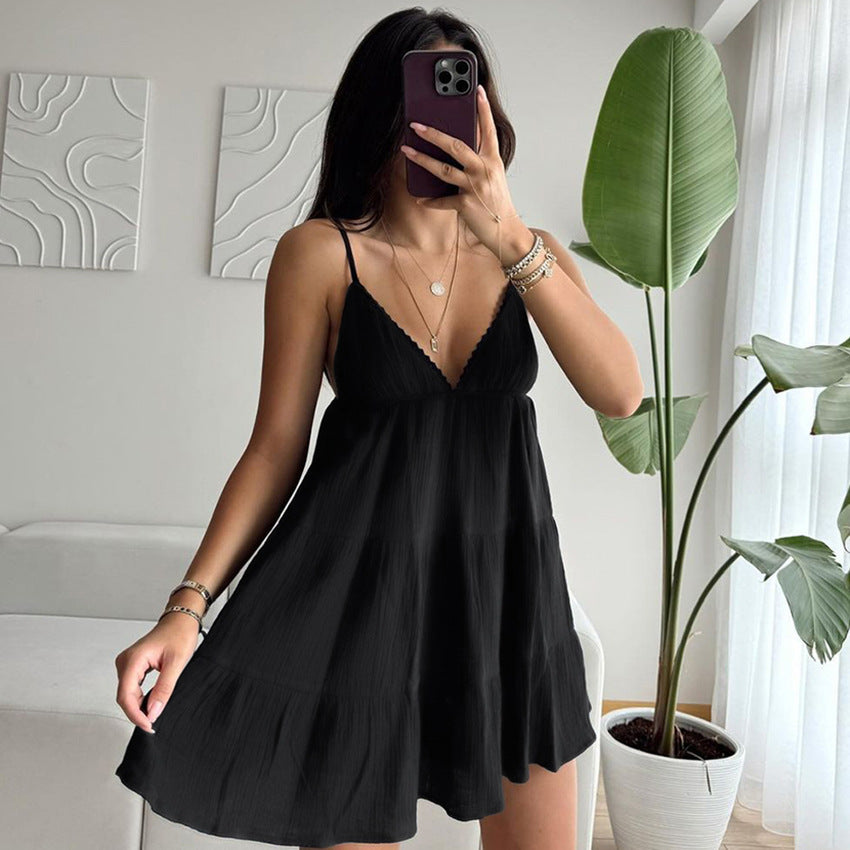 Sexy Spaghetti-strap Nightgown With A Deep V-neck And Lace Detailing For Womens Loungewear