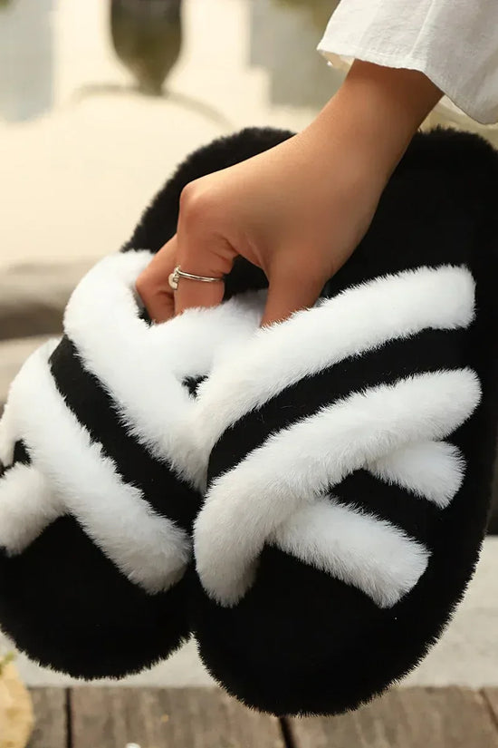 Fluffy Slippers Cross Strap Stitching Warm Casual Platform Slippers - DanaFashionstore
