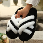 Fluffy Slippers Cross Strap Stitching Warm Casual Platform Slippers - DanaFashionstore
