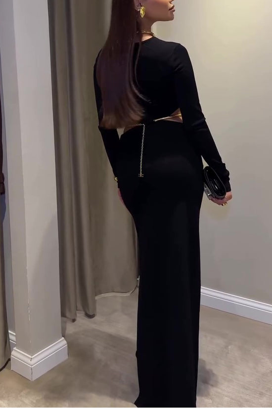 Black Cutout Waist Long-Sleeve Maxi Dress