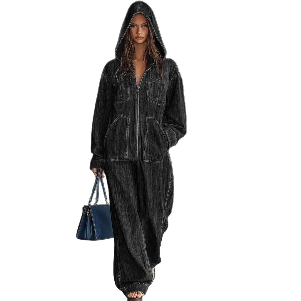 Hooded Overall Jeans Women 2026 - European American Denim Jumpsuit - DanaFashionstore