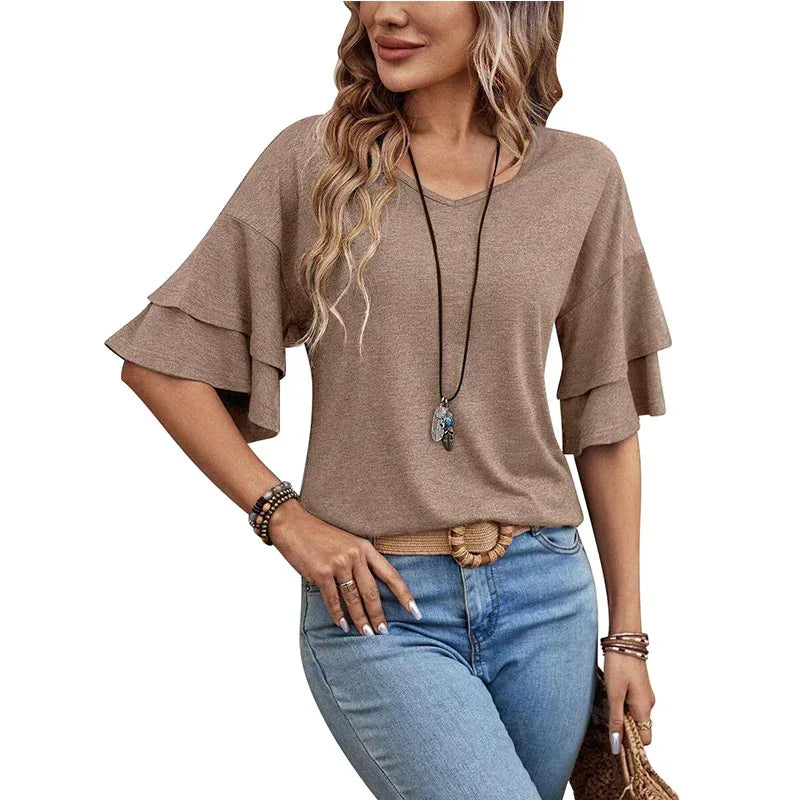 Loose V-neck Ruffle Sleeve T-shirt Fashion Solid Mid-sleeve Tops Women's Clothing - DanaFashionstore