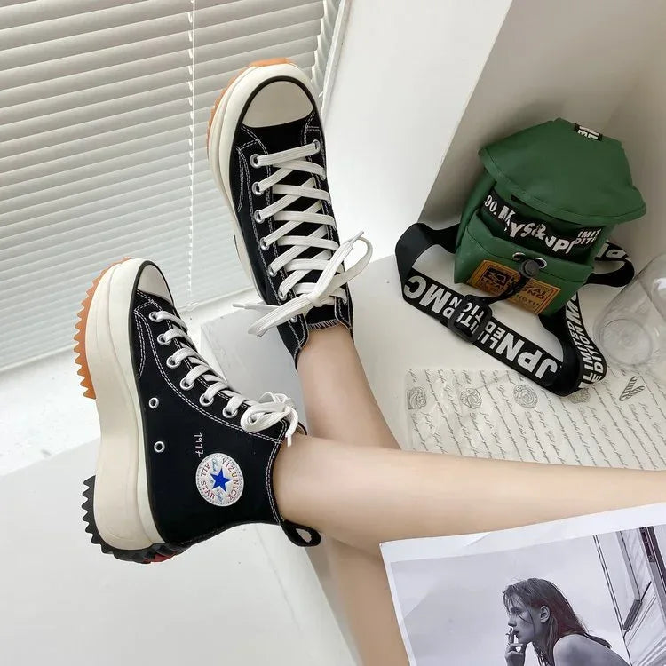 Large Size Women's High-top Canvas Shoes New Korean Style Sports Casual Shoes Versatile Platform Round Toe White Shoes - DanaFashionstore