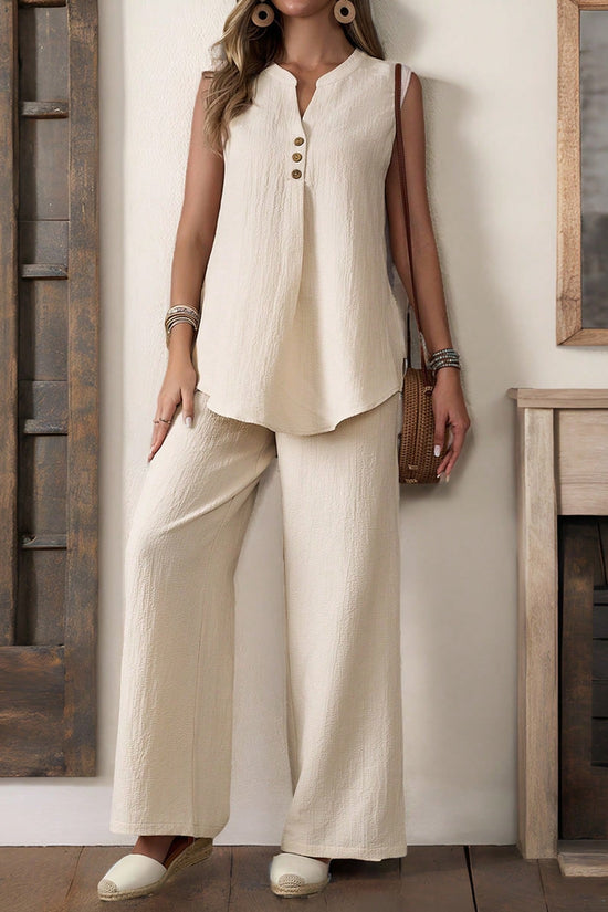 Women Sleeveless Textured Vest And Wide-Leg Button Front Pants Set
