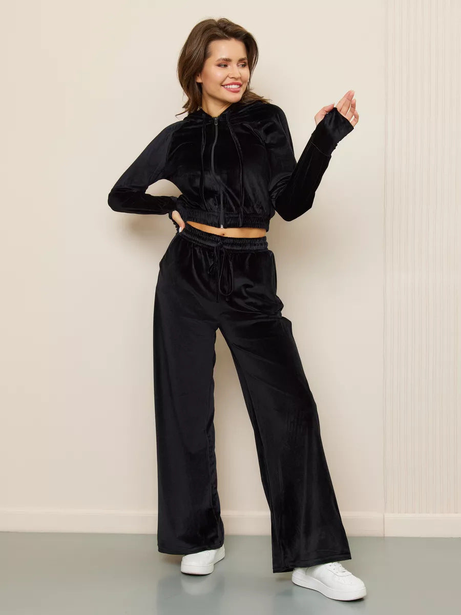 Women's European And American Fashion Casual Solid Color Zipper Cardigan Trousers Suit