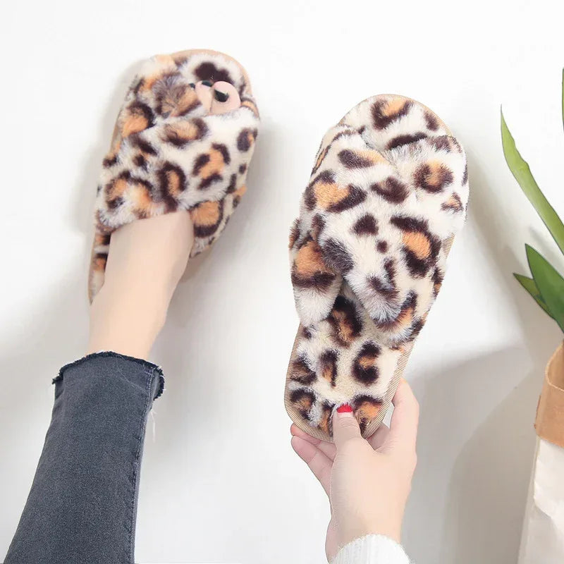 Cross-strap Fuzzy Slippers Leopard Plush House Shoes Flat Bedroom Slippers Slippers For Women - DanaFashionstore