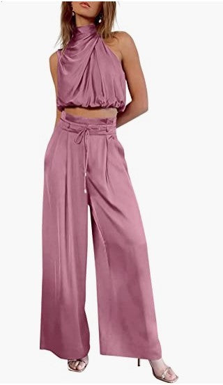 Summer Suits Casual Sleeveless Midriff-baring Top And Wide Leg Pants 2pcs Set Womens Clothing