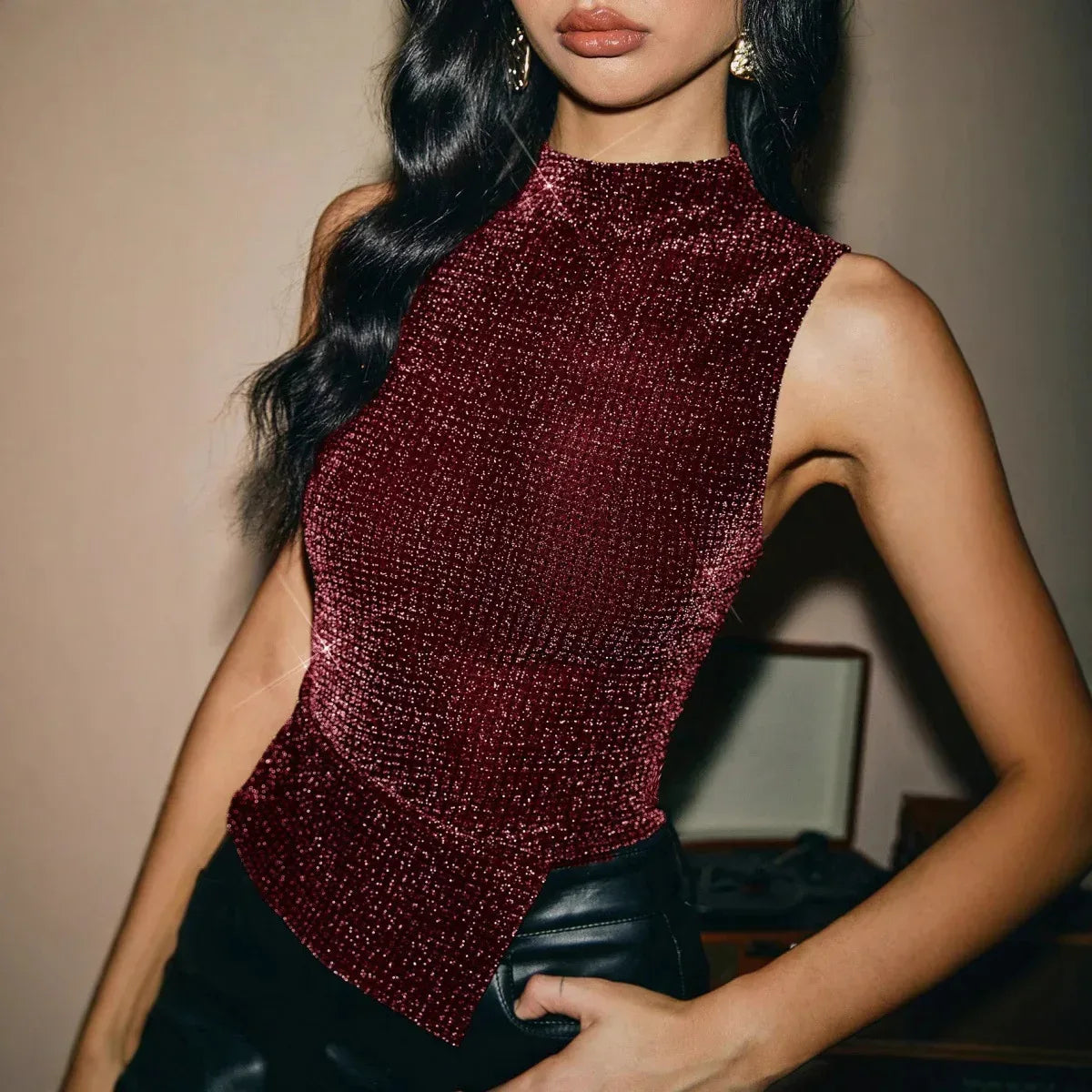 Sleeveless Sexy Slim Rhinestone Hot Girl Vest Women's Clothing - DanaFashionstore