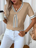 Women's Contrast Color V-neck Short Top Sweater - DanaFashionstore