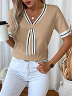 Women's Contrast Color V-neck Short Top Sweater - DanaFashionstore