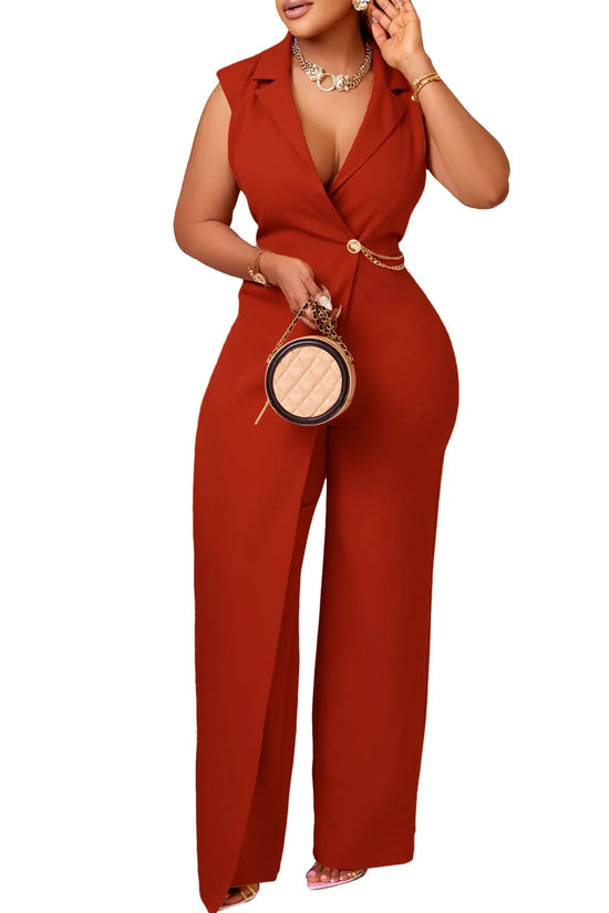 Elegant Elegant Suit Collar Tight Waist Chain Loose Wide Leg Jumpsuit - DanaFashionstore