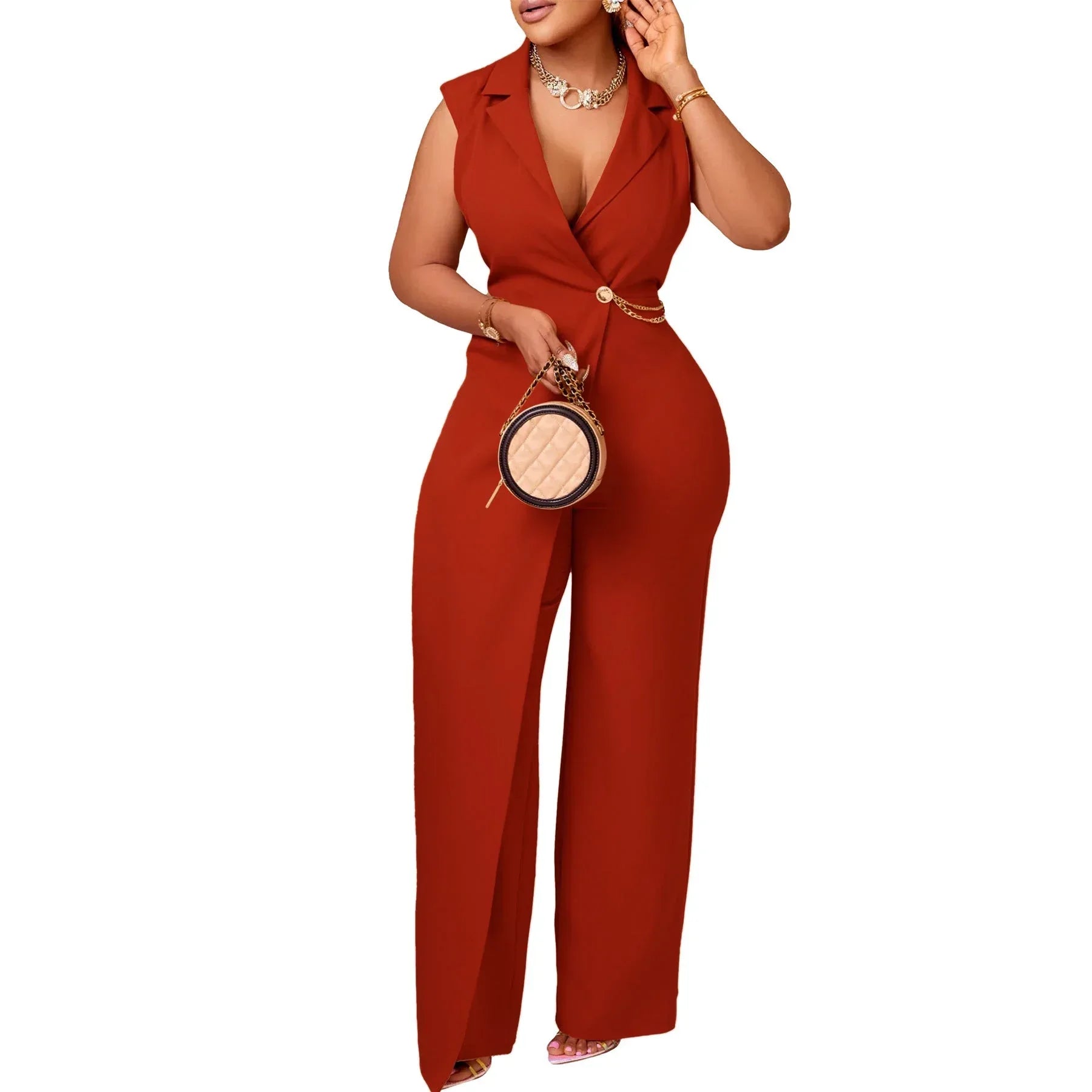Elegant Elegant Suit Collar Tight Waist Chain Loose Wide Leg Jumpsuit - DanaFashionstore
