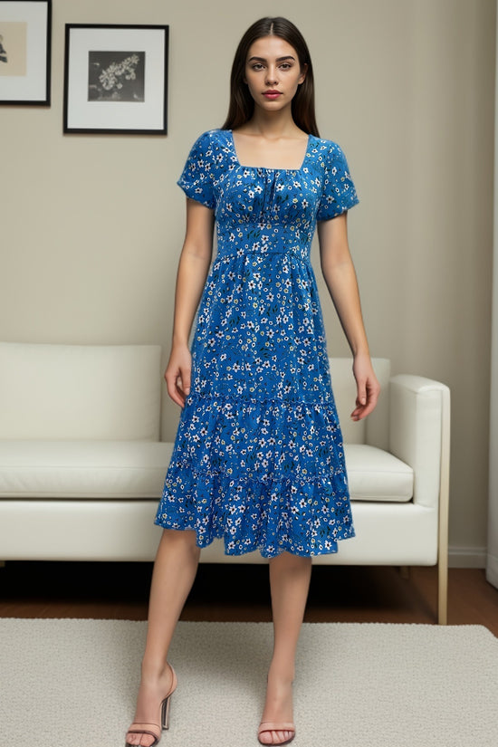 Square Collar Short Sleeve Dress Summer Puff Floral Printed Dress Long Dresses