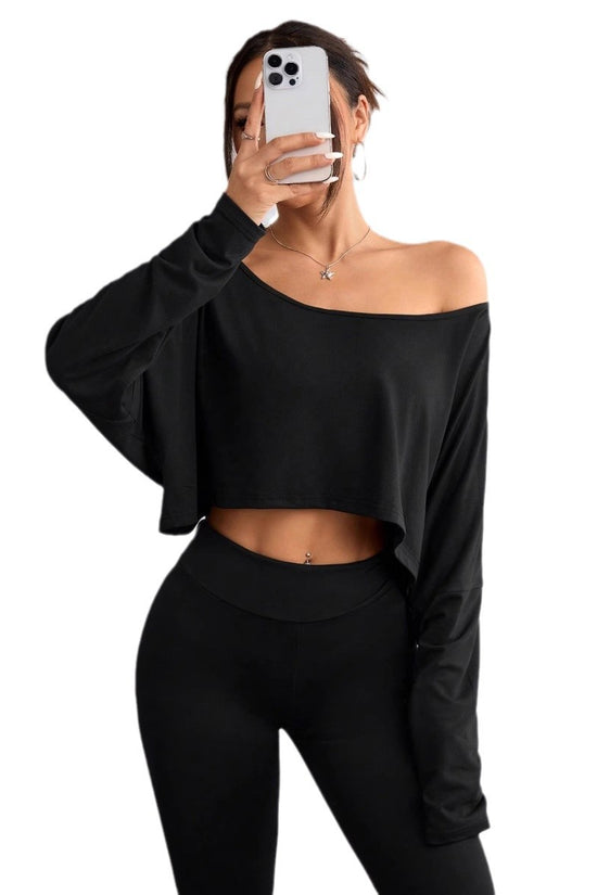 Solid Color Shoulder Long Sleeve Loose-fitting Cropped Top