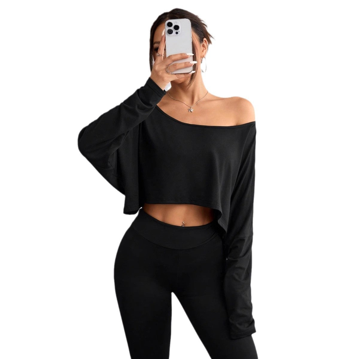 Solid Color Shoulder Long Sleeve Loose-fitting Cropped Top