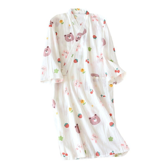 Women Bathrobe Nightdress Long Sleeve Nightgown Cotton Gauze - Dana Fashion
