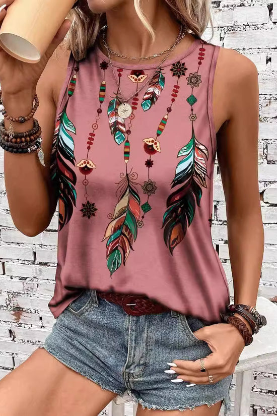 Women's Feather Print Vest Summer Print