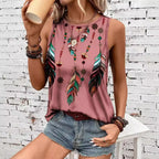 Women's Feather Print Vest Summer Print - DanaFashionstore