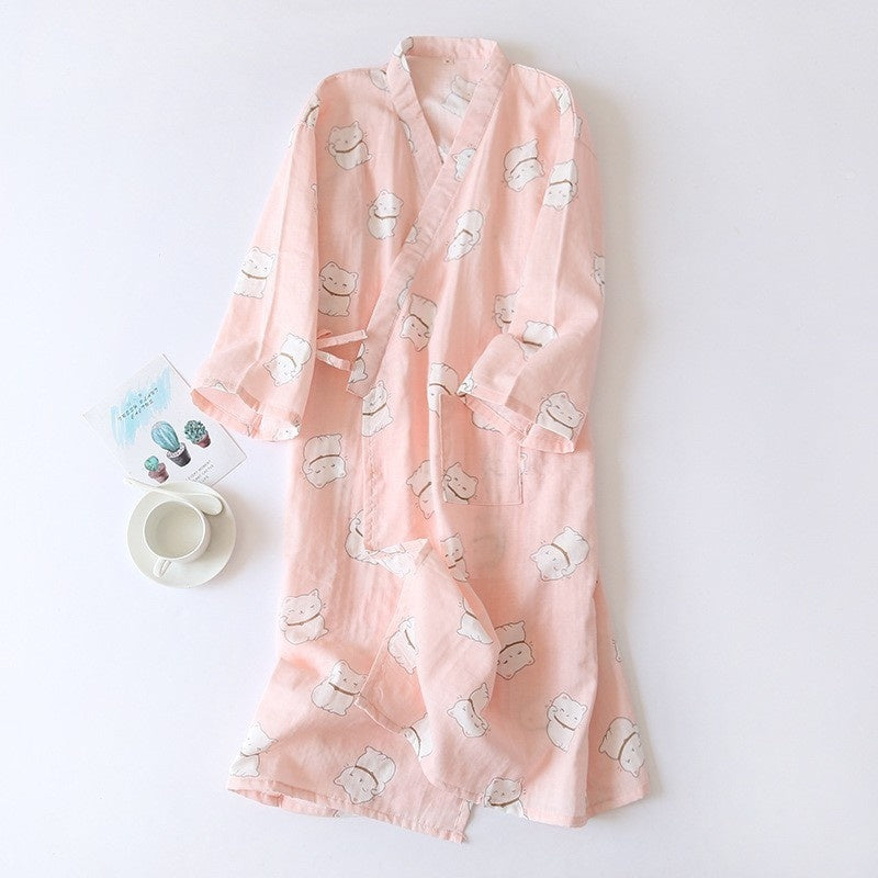 Women Bathrobe Nightdress Long Sleeve Nightgown Cotton Gauze - Dana Fashion
