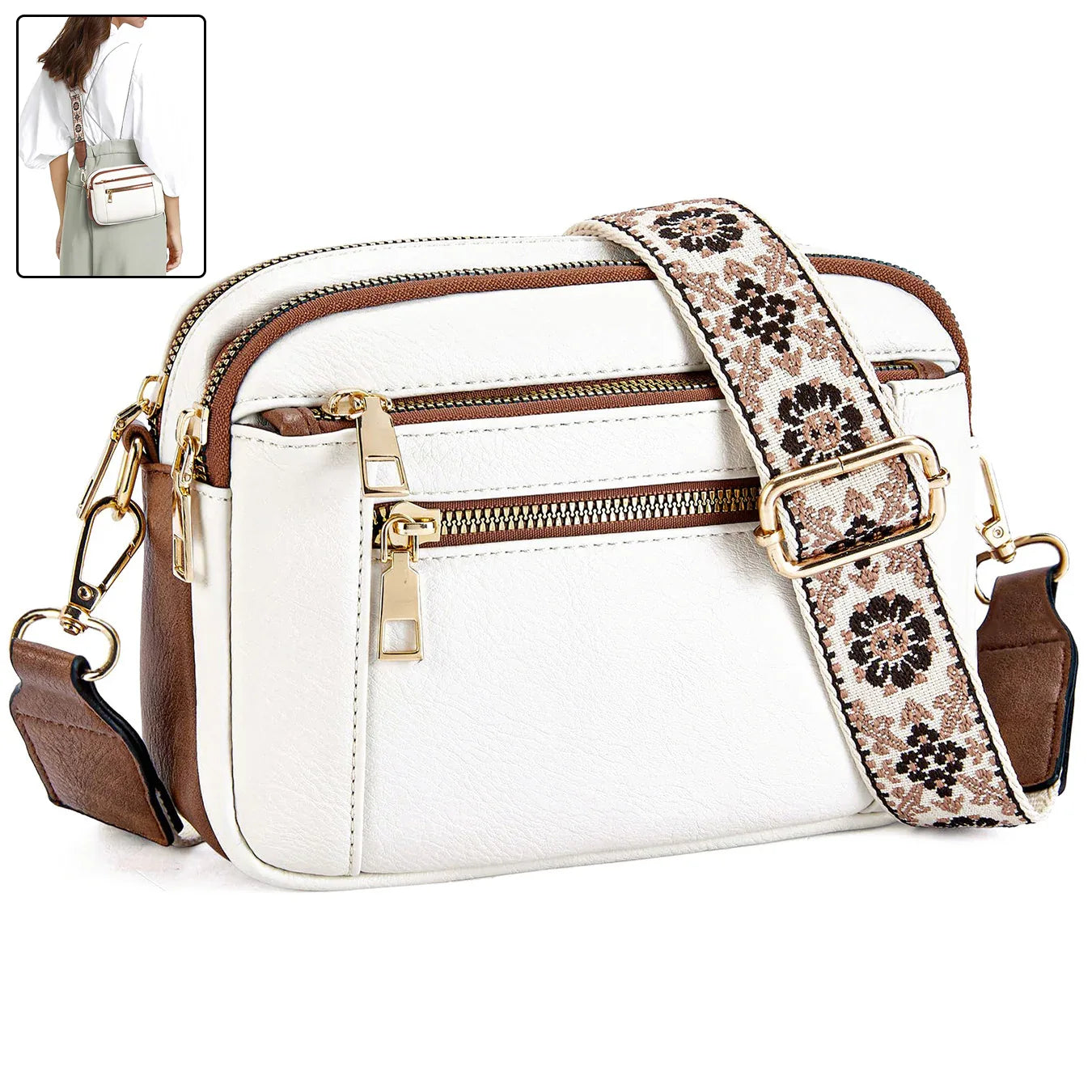 Triple-zipper Shoulder Bag With Floral Embroidered Straps Fashion Colorblock Multi-functional Crossbody Bags For Women - DanaFashionstore