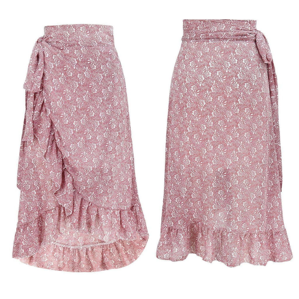 Woman Skirts High Waist Fashion Long Black Knotted Tied Wrap Floral Ruffle Chiffon A-Line Split Skirt Spring Summer Clothes - DanaFashionstore