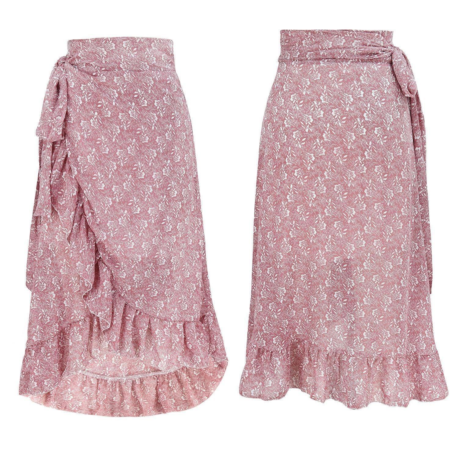 Woman Skirts High Waist Fashion Long Black Knotted Tied Wrap Floral Ruffle Chiffon A-Line Split Skirt Spring Summer Clothes - DanaFashionstore