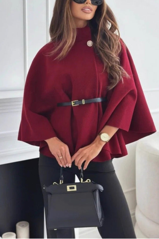 New Stand Collar Batwing Sleeves Cloak Top With Belt Ins Fashion Temperament Jacket Woolen Sweater Outwear For Women Clothing