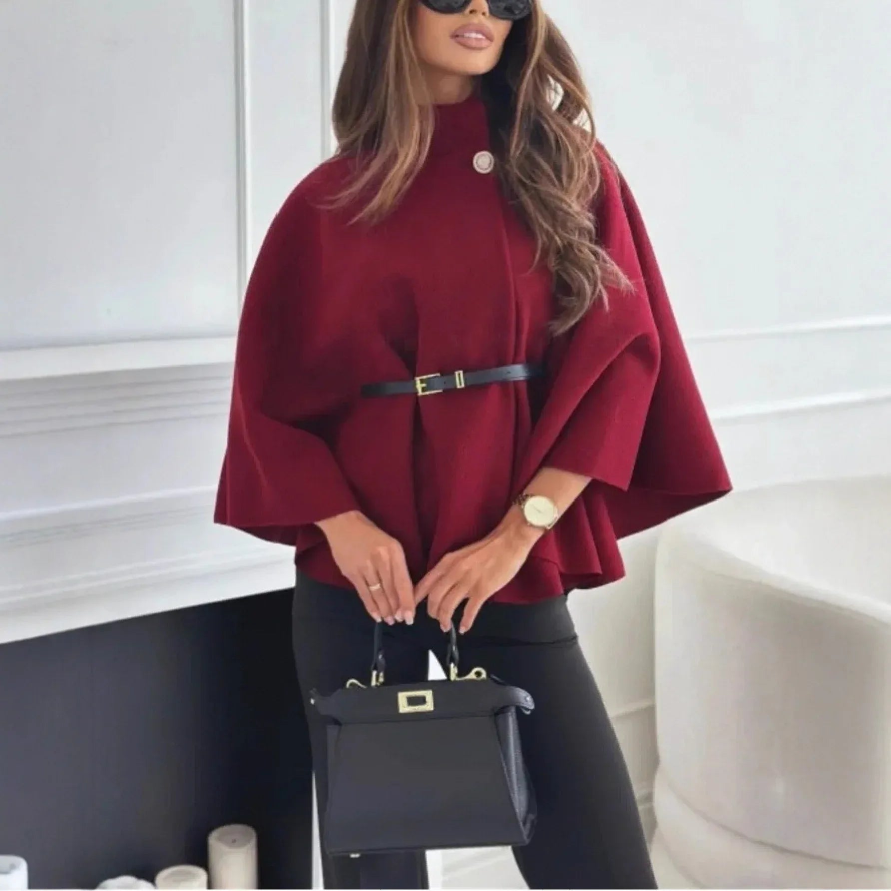 New Stand Collar Batwing Sleeves Cloak Top With Belt Ins Fashion Temperament Jacket Woolen Sweater Outwear For Women Clothing - DanaFashionstore