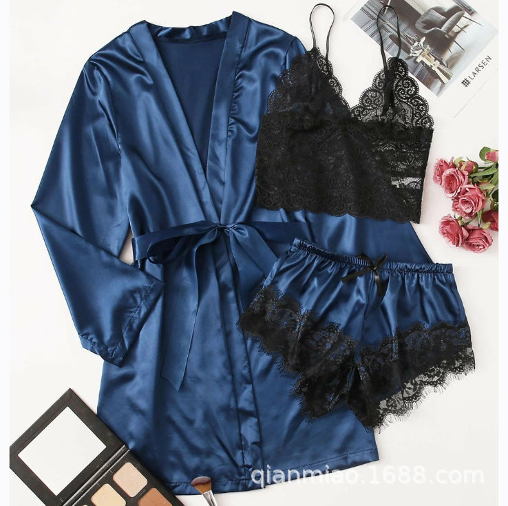 Wholesale European And American Foreign Trade Tube Top Ice Silk Pajamas Women's Seduction Sexy Bra Nightgown Lace Shorts - Dana Fashion