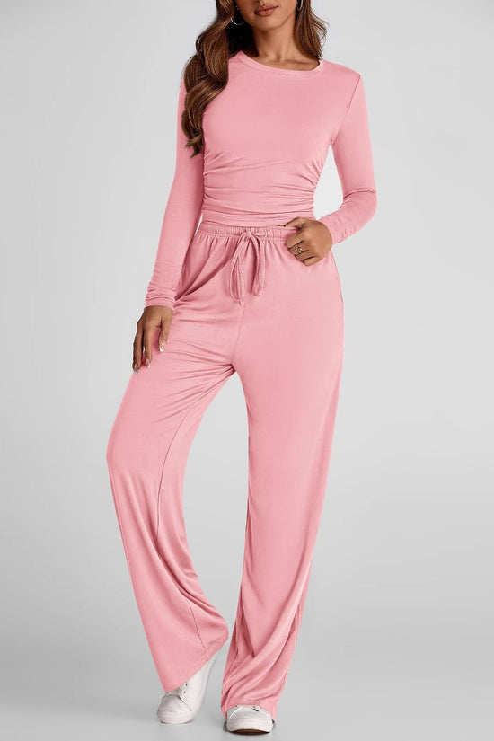 2 Pieces Women's Suit Autumn Winte Long Sleeve Tops High Waisted Wide Leg Pants Sportswear Female Clothes Solid Color Casual Suit