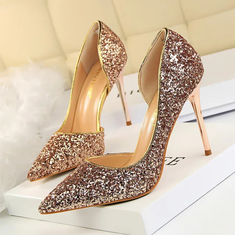 Skinny Women's Shoes Stiletto Heel Shallow Mouth Pointed Side Hollow-out Sequin - DanaFashionstore