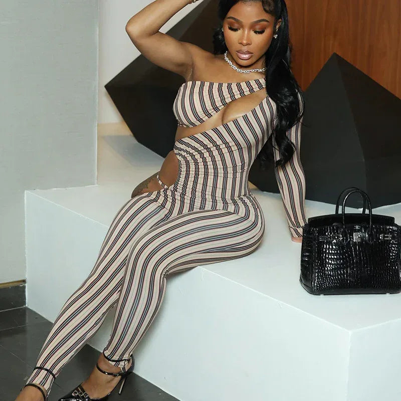 Stretch Striped Hollow-Out Jumpsuit 2026 - Slim-Fit Party Jumpsuit - DanaFashionstore