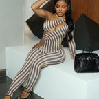 Stretch Striped Hollow-Out Jumpsuit 2026 - Slim-Fit Party Jumpsuit - DanaFashionstore