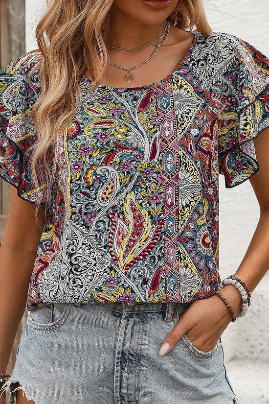 Women's Summer Hawaiian Style Ruffle Sleeve Paisley Print Casual Shirt