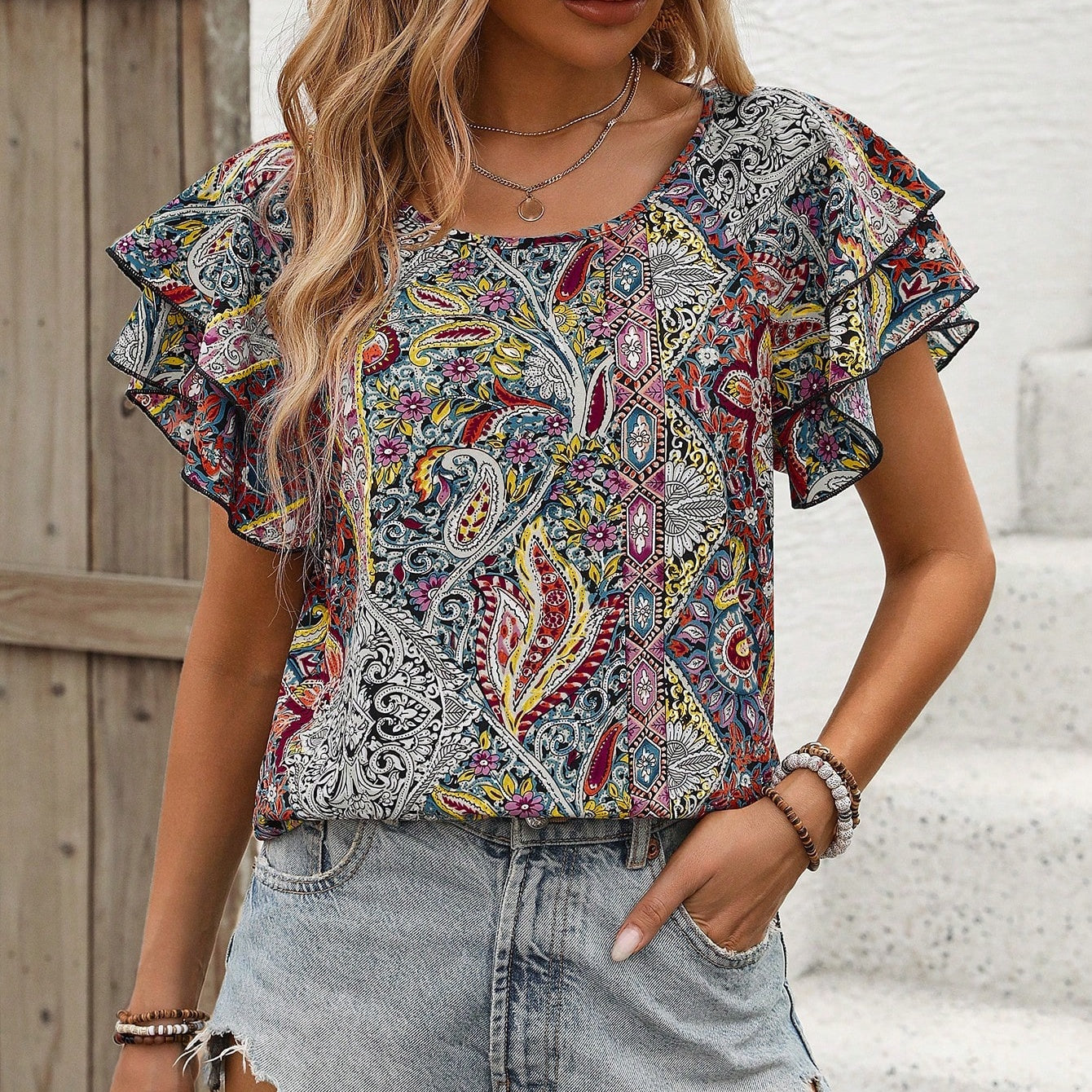 Women's Summer Hawaiian Style Ruffle Sleeve Paisley Print Casual Shirt
