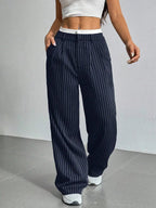Stripe Printed Trousers Fashion High Waist Straight Leg Pants With Pocket Zipper Casual Suit Pants For Women - DanaFashionstore