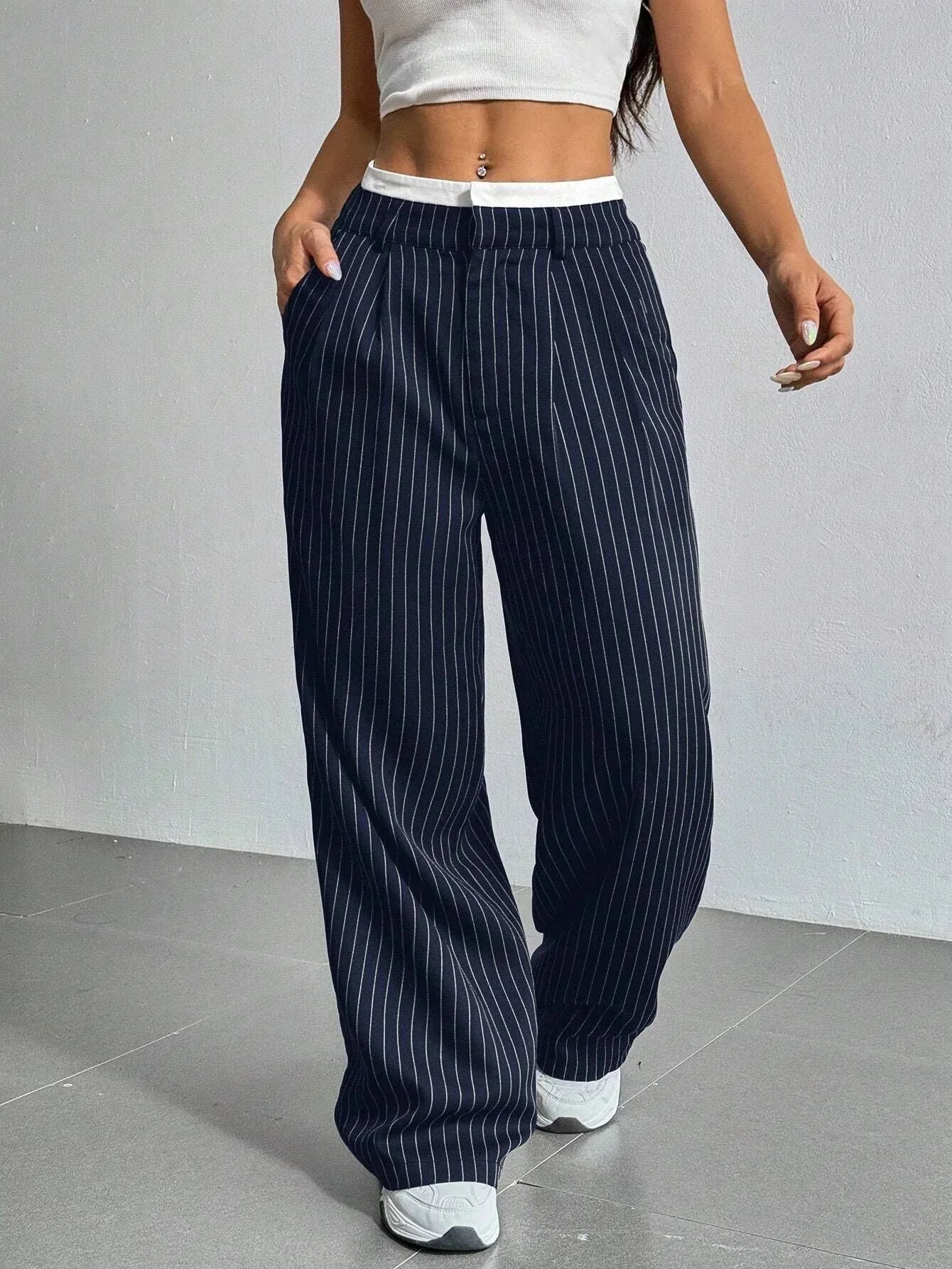 Stripe Printed Trousers Fashion High Waist Straight Leg Pants With Pocket Zipper Casual Suit Pants For Women - DanaFashionstore