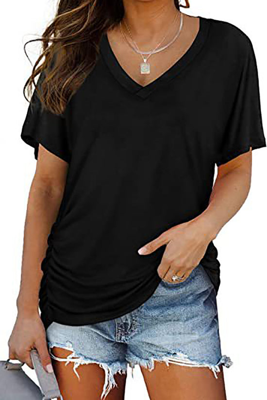 European And American T-shirt Solid Color Casual Loose-fitting V-neck Top
