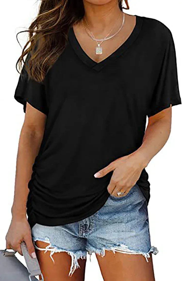 European And American T-shirt Solid Color Casual Loose-fitting V-neck Top - DanaFashionstore
