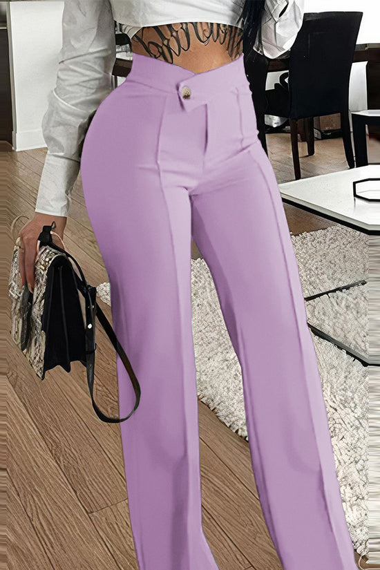 Slim Straight-leg Pants With Buckle Fashion Solid Color Trousers For Womens Clothing