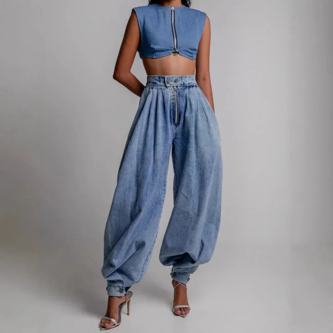 High Waist Zipper Denim Loose Harem Pants - DanaFashionstore