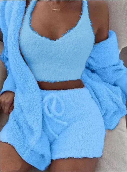 3pcs Womens Clothing Long Sleeve Crop Tank Top And Drawstring Shorts Pajama Set - DanaFashionstore