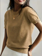 Simple Niche Round Neck Solid Color French Short Sleeve Sweater Sweater - DanaFashionstore