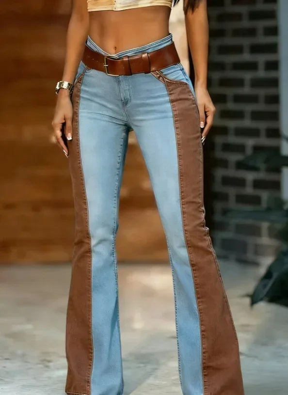 American Retro Hot Girl Style Contrasting Color Flared Jeans For Women - DanaFashionstore