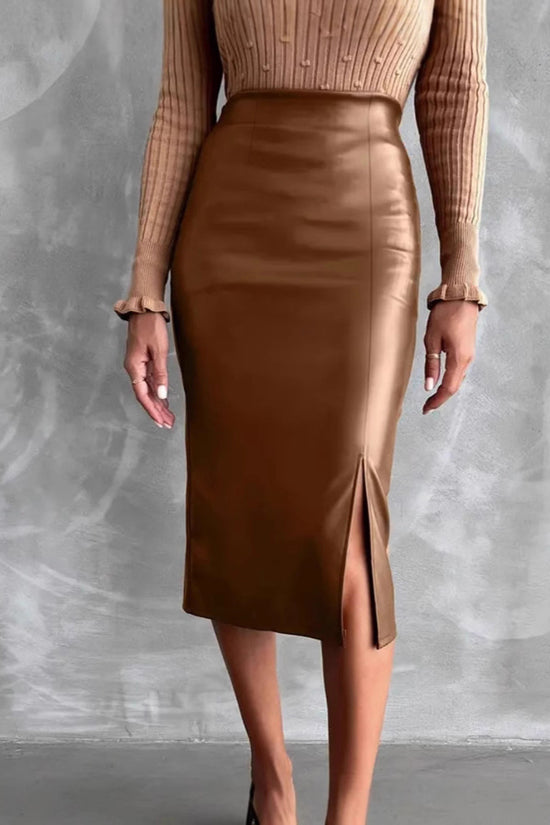 High Waist Slimming All-matching Hip Split PU Leather Skirt