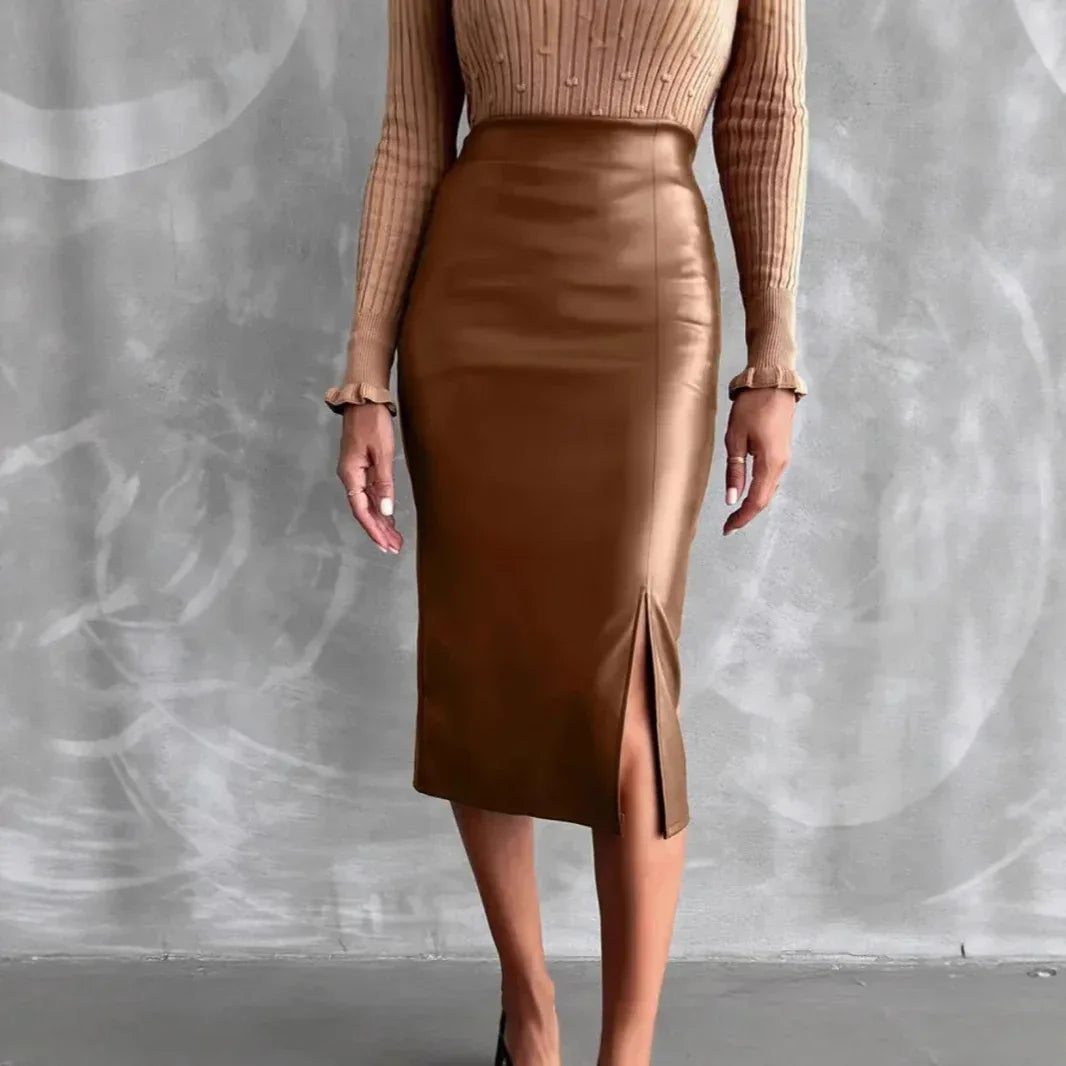 High Waist Slimming All-matching Hip Split PU Leather Skirt - DanaFashionstore
